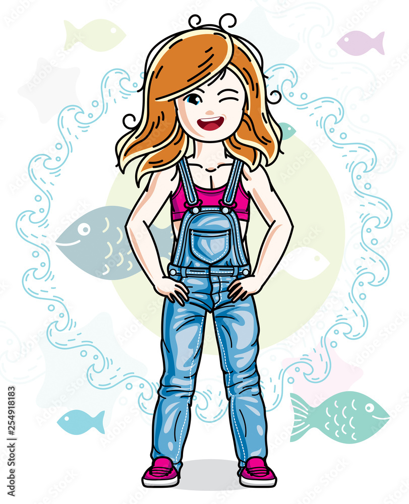 Little redhead girl cute child toddler in casual clothes standing on marine backdrop with ocean and fishes. Vector pretty nice human illustration. Little redhead girl cute child toddler in casual clothes standing on marine backdrop with ocean and fishes. Vector pretty nice human illustration.