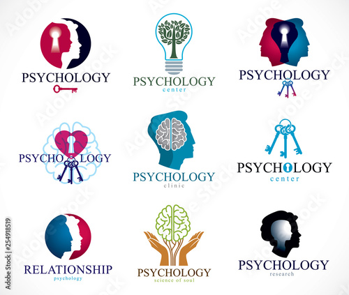 Psychology, brain and mental health vector conceptual icons or logos set. Relationship and gender psychology problems and conflicts, psychoanalysis and psychotherapy, personality and individuality.