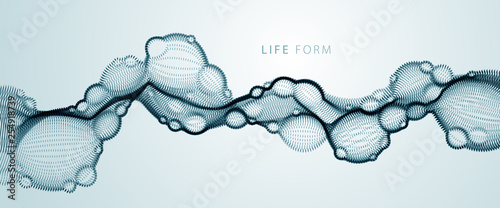 Abstract vector biological fluid, dotted horizontal vector particle flow shape, nano medical technology, microbiology science fiction theme illustration.
