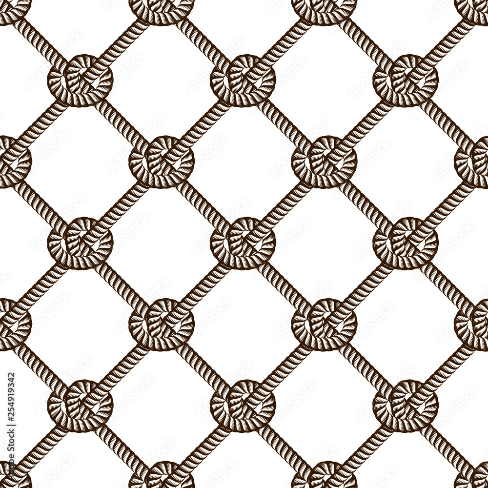 Fototapeta premium Seamless nautical rope pattern vector. Endless navy illustration with loop cord lines ornament. Endless navy illustration with fishing net ornament and marine knots.