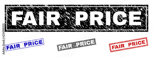 Grunge FAIR PRICE rectangle stamp seals isolated on a white background. Rectangular seals with grunge texture in red, blue, black and gray colors.