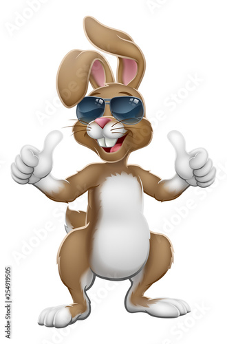 Easter bunny rabbit cartoon character in cool sunglasses or shades giving a thumbs up