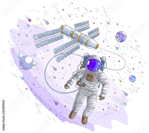 Astronaut went out into open space connected to space station, spaceman floating in weightlessness and iss spacecraft surrounded by undiscovered planets, stars and comets. Vector illustration.