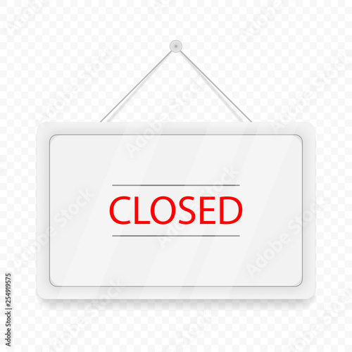 Red Closed hanging door. White signboard with shadow isolated on transparent background. Realistic vector illustration. Business concept sites and services.