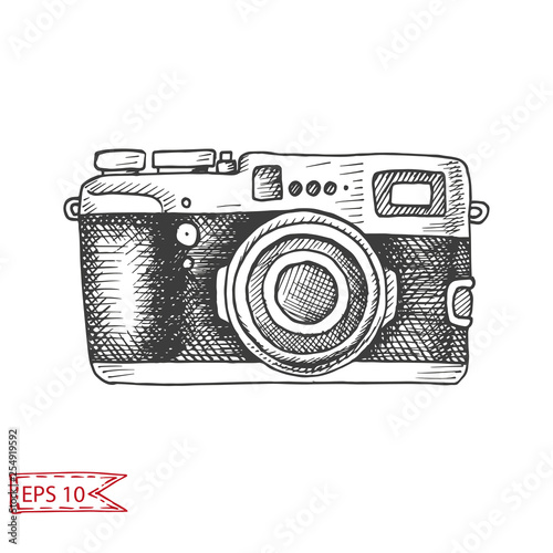 Vector hand drawn sketch Professional SLR camera, photocamera.