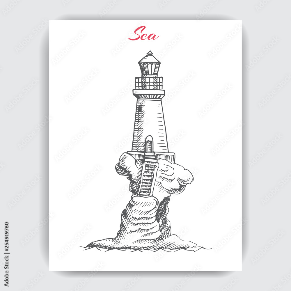 Restaurant card menu. Vector sketch of a seascape with a lighthouse. Restaurant card menu. Vector sketch of a seascape with a lighthouse.