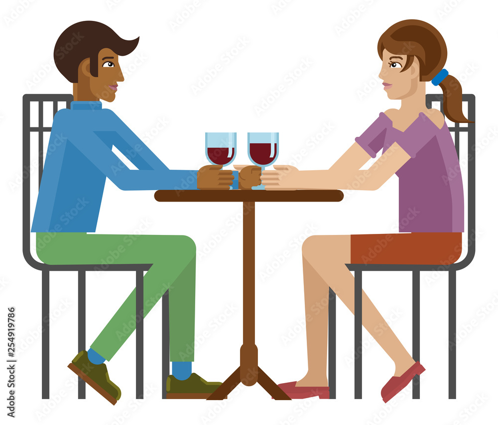 Young couple or friends drinking wine at a restaurant or cafe table cartoon