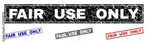 Grunge FAIR USE ONLY rectangle stamp seals isolated on a white background. Rectangular seals with grunge texture in red, blue, black and gray colors.