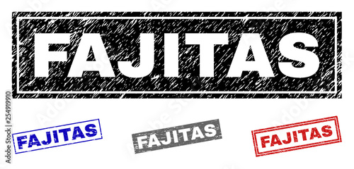 Grunge FAJITAS rectangle stamp seals isolated on a white background. Rectangular seals with grunge texture in red, blue, black and gray colors.