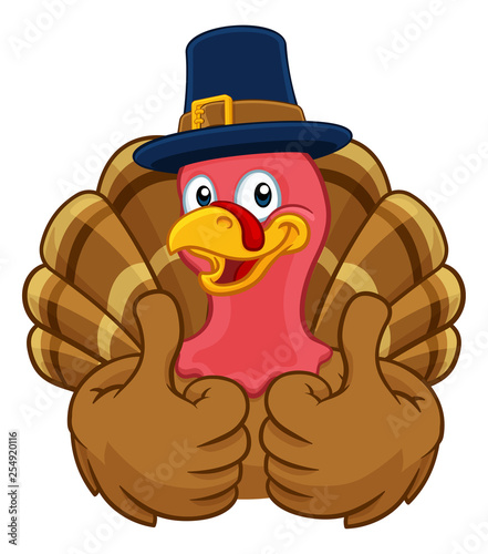 Pilgrim Turkey Thanksgiving bird animal cartoon character wearing a pilgrims hat giving a thumbs up