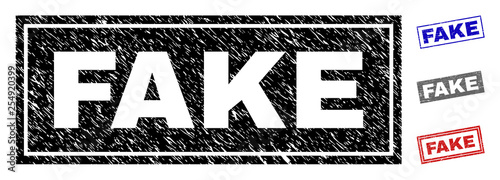 Grunge FAKE rectangle stamp seals isolated on a white background. Rectangular seals with distress texture in red, blue, black and grey colors.