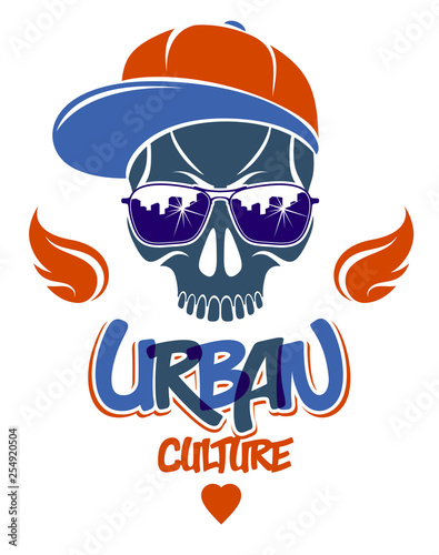 Urban culture style skull in sunglasses vector logo or emblem, gangster or thug illustration, anarchy chaos hooligan, ghetto theme.