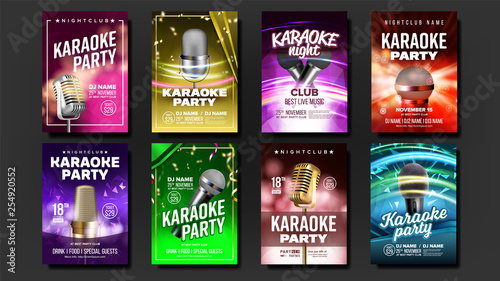 Karaoke Poster Set Vector. Music Night. Sing Song. Dance Event. Vintage Studio. Old Bar. Speaker Label.Entertainment Competition. Musical Record. Broadcast Object. Realistic Illustration photo