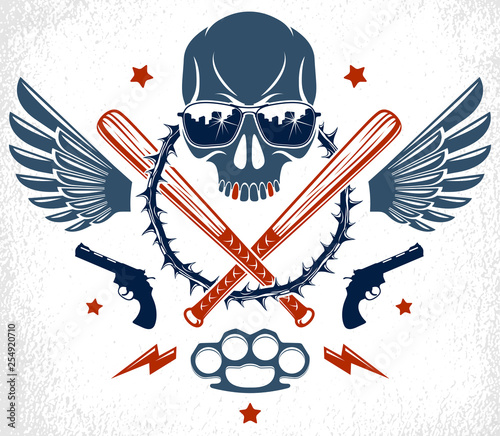 Criminal tattoo ,gang emblem or logo with aggressive skull baseball bats and other weapons and design elements, vector, bandit ghetto vintage style, gangster anarchy or mafia theme.