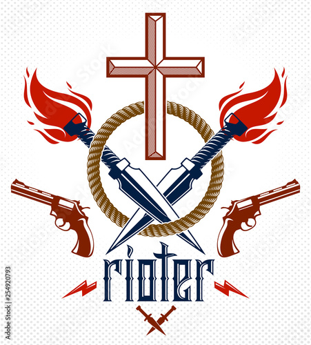 Criminal gangster dramatic emblem or logo with Christian Cross symbolizing death, weapons and different design elements, vector vintage style tattoo, rebel rioter partisan and revolutionary.