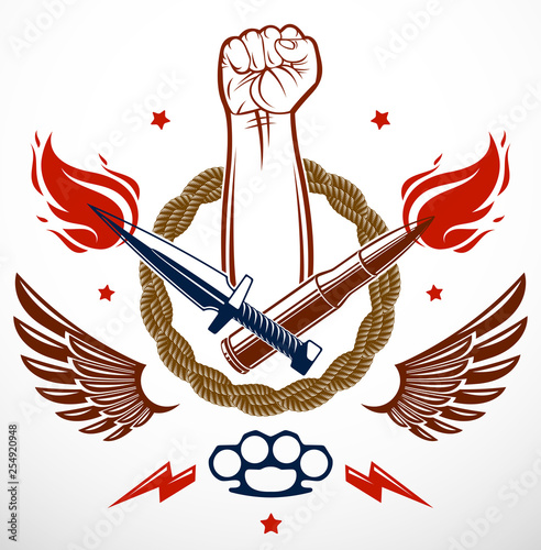 Revolution and Riot aggressive emblem or logo with strong clenched fist, weapons and different design elements , vector tattoo, anarchy and chaos, rebel partisan and revolutionary.