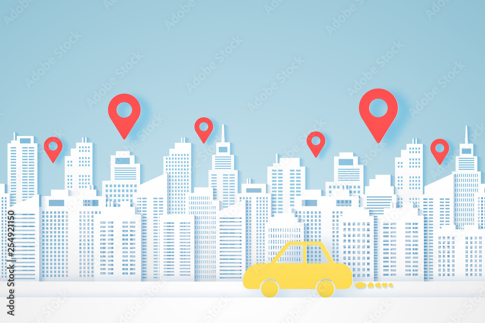Cityscapes , paper building , yellow car go to destination , location markers