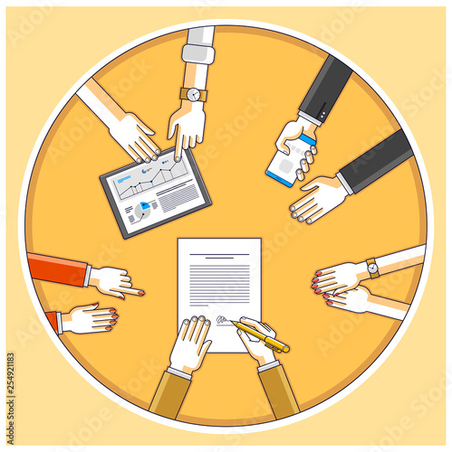 Business team make a presentation for investor and explains their plan with analytics, loaner or CEO chief signs financial document or order approve, deal conclusion. Top view of people hands. Vector.