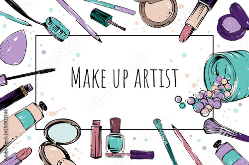 Make up artist banner with frame, vector