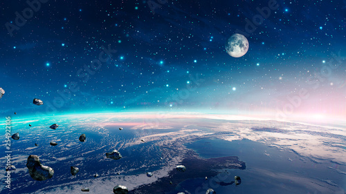 Fototapeta Naklejka Na Ścianę i Meble -  Space scene. Colorful nebula with earth planet, moon and asteroids. Elements furnished by NASA. 3D rendering