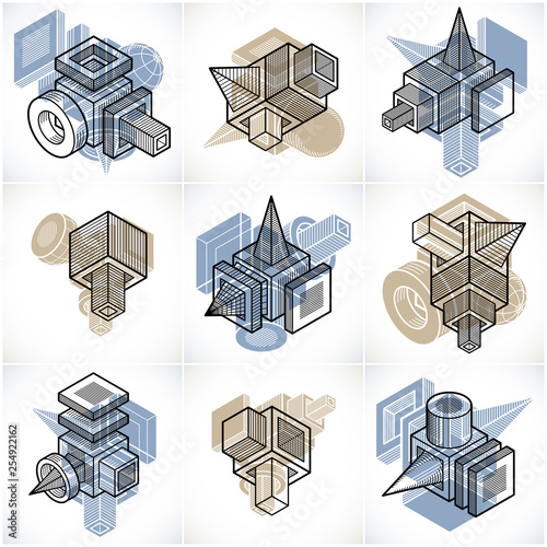 Abstract vectors set, isometric dimensional shapes collection.