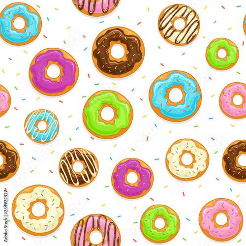 Seamless background with glazed donuts and colorful sprinkles