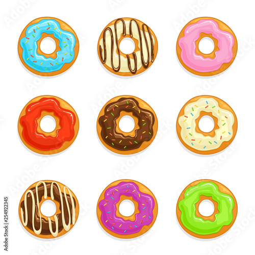 Set of donuts with chocolate and colored glaze