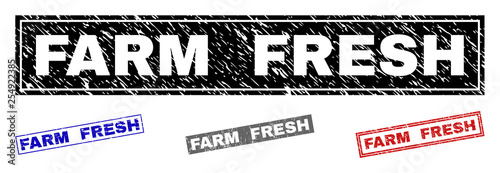 Grunge FARM FRESH rectangle stamp seals isolated on a white background. Rectangular seals with grunge texture in red, blue, black and grey colors.
