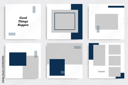 Editable square Memphis geometric banner template. Minimalist design background in dark blue indigo color. Vector illustration. Suitable for social media post and cover, web internet brochure.