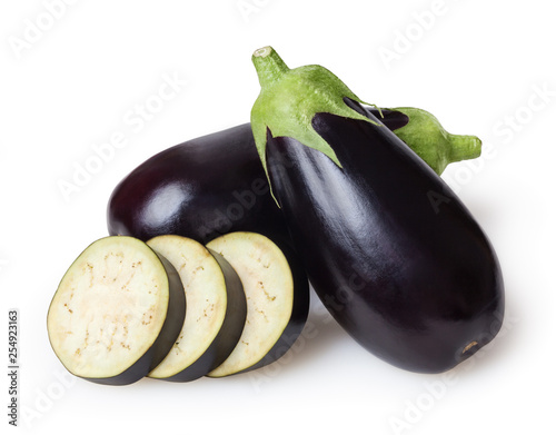 Fresh eggplants isolated on white background with clipping path