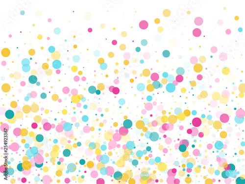 Memphis round confetti festive background in cyan blue, pink and yellow. Childish pattern vector.