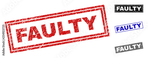 Grunge FAULTY rectangle stamp seals isolated on a white background. Rectangular seals with distress texture in red, blue, black and grey colors.