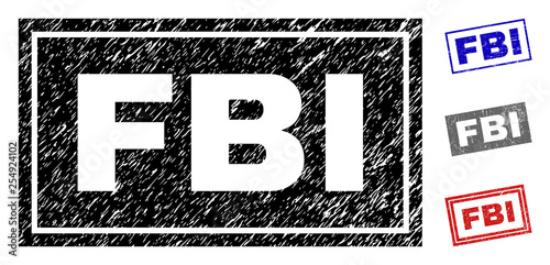 Grunge FBI rectangle stamp seals isolated on a white background. Rectangular seals with grunge texture in red, blue, black and gray colors. Vector rubber imprint of FBI tag inside rectangle borders.