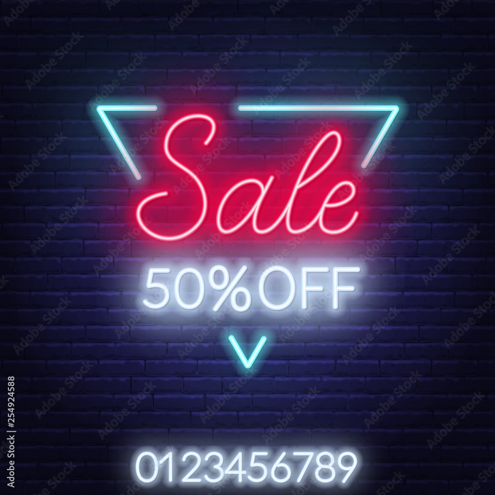 Sale neon sign in a triangular frame. Offer a discount. Template. Vector illustration