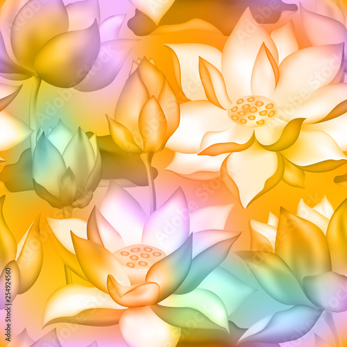 Lotus buds and flowers seamless background., Water lilly nelumbo aquatic plant botanical design.