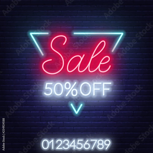 Sale neon sign in a triangular frame. Offer a discount. Template. Vector illustration