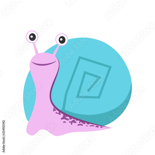 Smiling cute snail with blue cochlea flat icon. Cartoon character, slug, pet. Mollusk concept. Vector illustration can be used for topics like zoology, nature, sea life