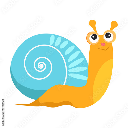 Smiling snail with blue shell flat icon. Book character, sea life, garden animal. Mollusk concept. Vector illustration can be used for topics like zoology, nature, fauna