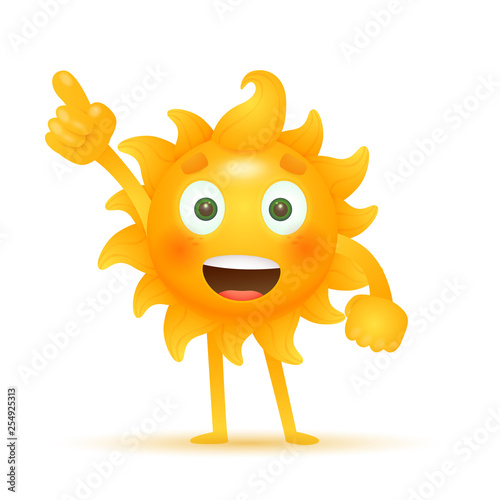 Curious cartoon sun pointing aside. Environment, weather, character. Can be used for topics like information, presentation, education