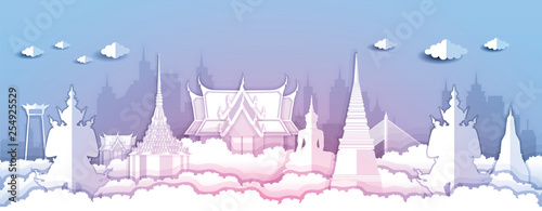 Panorama paper art style vector of Famous Landmarks Bangkok Thailand for Travel Design concept illustration