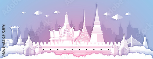 Panorama paper art style vector of Wat Phrakeaw, Famous Landmarks Bangkok Thailand for Travel Design concept illustration photo