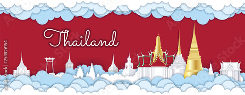 Panorama paper art style vector of Famous Landmarks Bangkok Thailand for Travel Design concept illustration