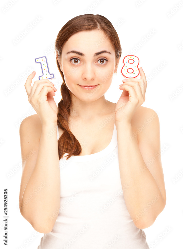 Beautiful woman with two candles on the white background Beautiful woman with two candles on the white background