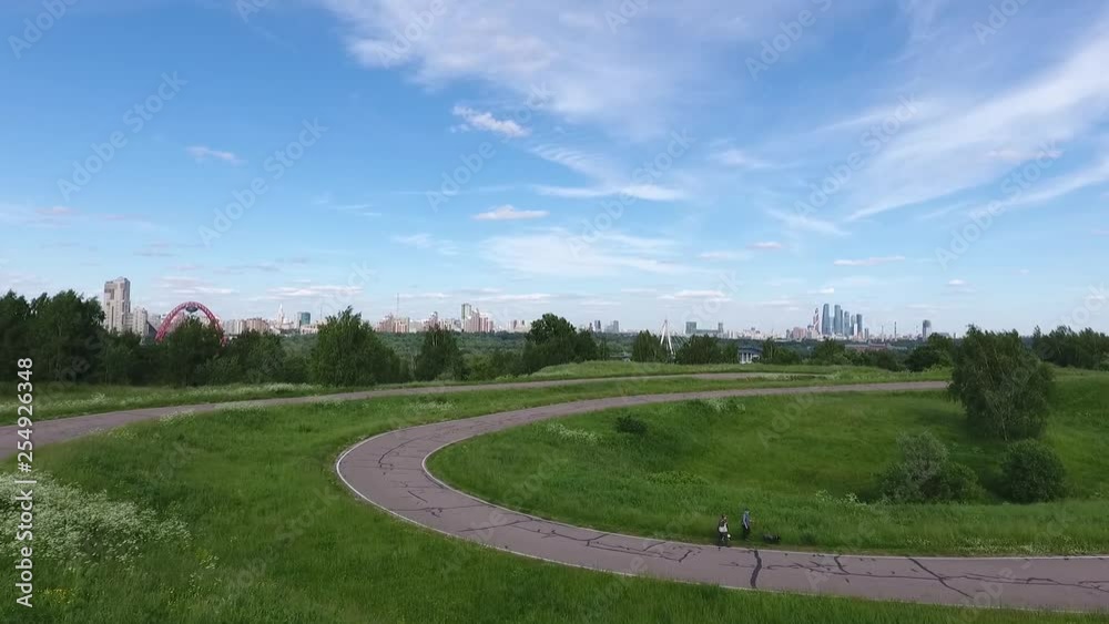 View Moscow, Krylatsky Hills, cycle track, Krylatskaya cycle road led from the drone Olympic cycle track rowing canal View Moscow, Krylatsky Hills, cycle track, Krylatskaya cycle road led from the drone Olympic cycle track rowing canal