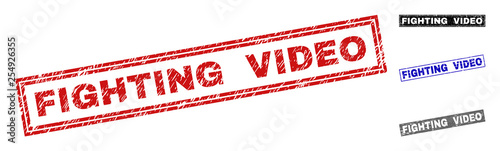 Grunge FIGHTING VIDEO rectangle stamp seals isolated on a white background. Rectangular seals with grunge texture in red, blue, black and gray colors.