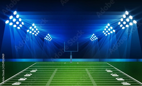 Football arena field with bright stadium lights vector design and information scoreboard. Vector illumination