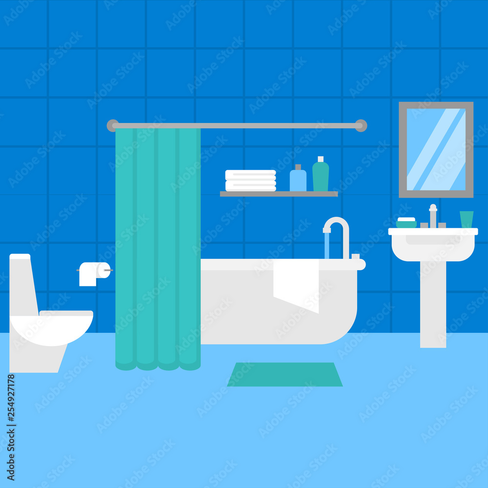 Flat bathroom interior design furniture. Bathtub, sink, toilet and mirror. Home bath object, Flat bathroom interior design furniture. Bathtub, sink, toilet and mirror. Home bath object,