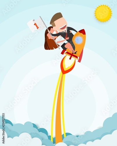 Businessman and women riding a rocket and smoke through cloud Business startup concept. vector illustration. flat design. © photoraidz