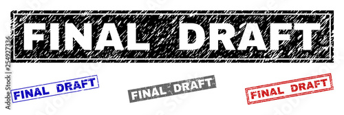 Grunge FINAL DRAFT rectangle stamp seals isolated on a white background. Rectangular seals with grunge texture in red, blue, black and gray colors.