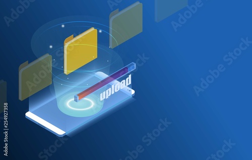 Smartphone Touchscreen mobile phone glows and Progress upload and download data information in cloud storage of corporation network. 3d isometric flat design. Vector illustration.